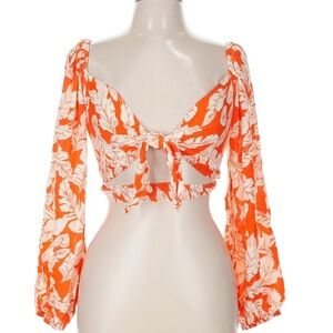 QED London Maui Orange Floral Tropical Tie-Front Crop Top Blouse Size M